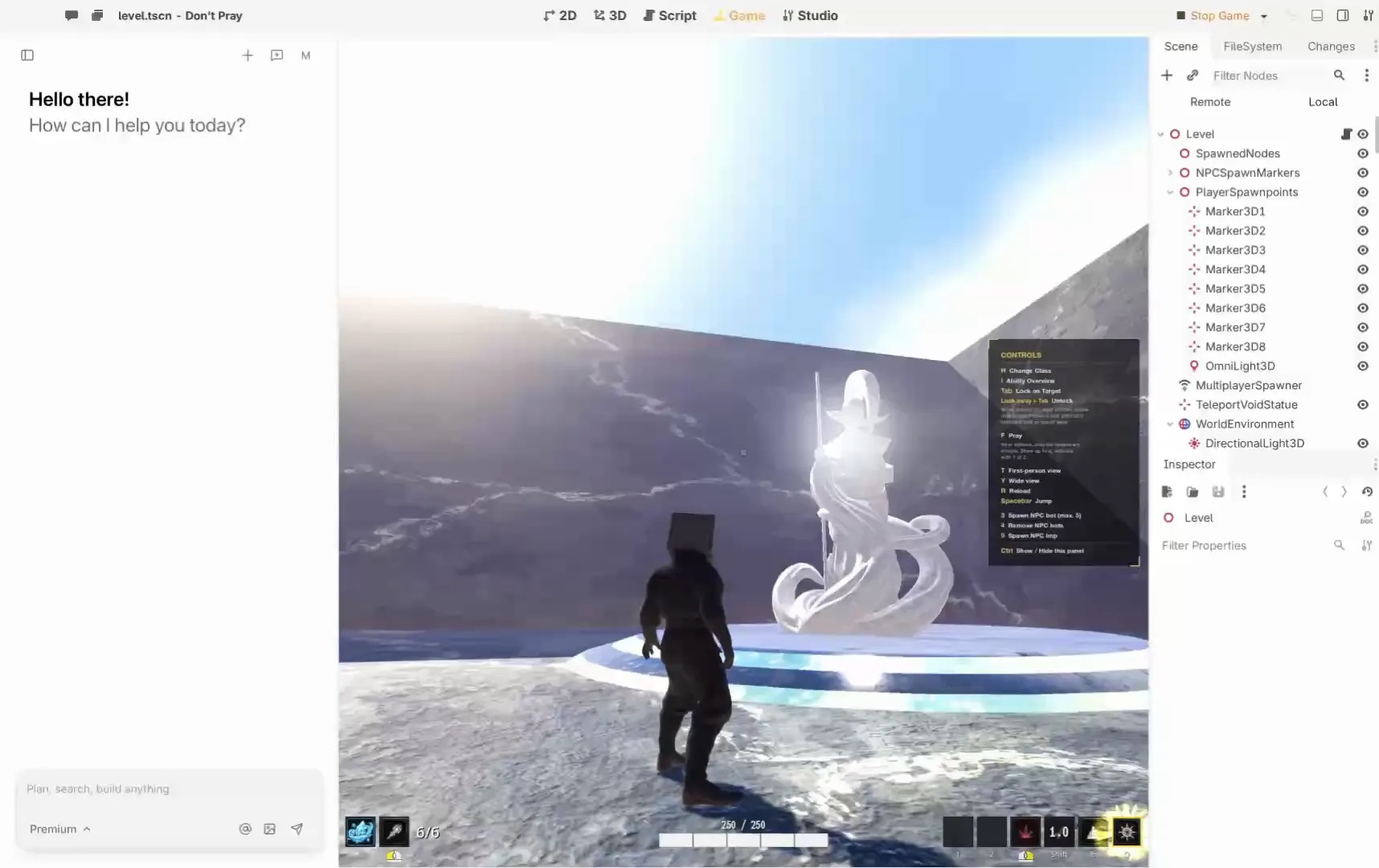 The Summer editor running Don’t Pray, with the game view, agent panel and scene tree.